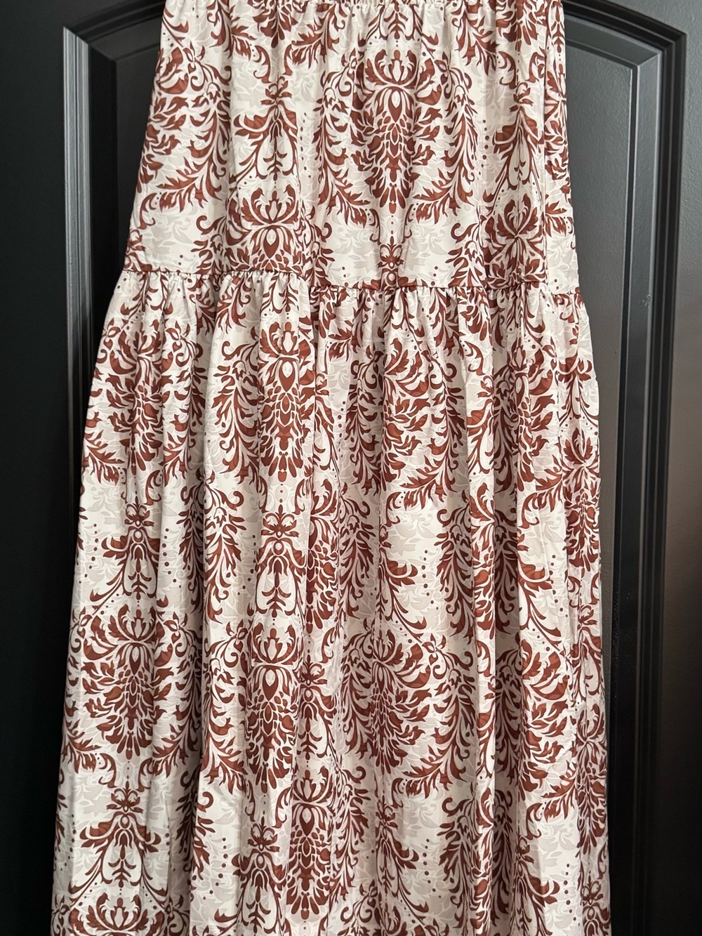 Damask Print Tiered Maxi Skirt Cream / Rust / Terracotta / Burgundy